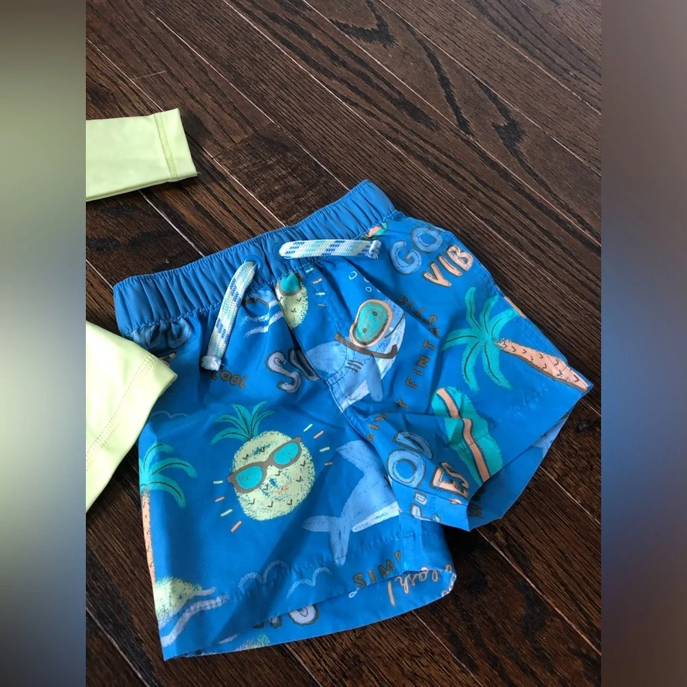 Carter’s Boy 6M Yellow/Blue Shark/Pineapple 2-Piece Swim Rash Guard/Swim Trunks